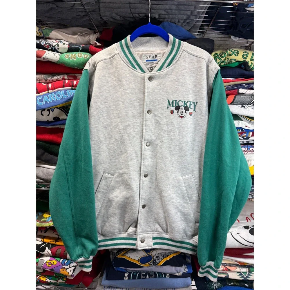 Vintage Gear For Sports Mickey Mouse Disney Varsity Bomber Jacket Grey Green M
